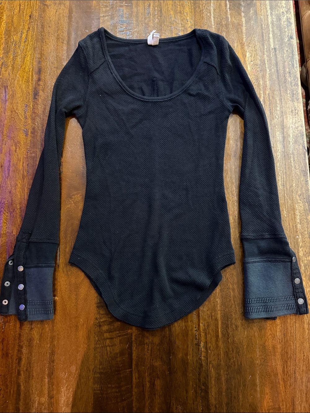 Free People Black Long-Sleeve Scoop-Neck Thermal Bodysuit with Snap Cuffs
